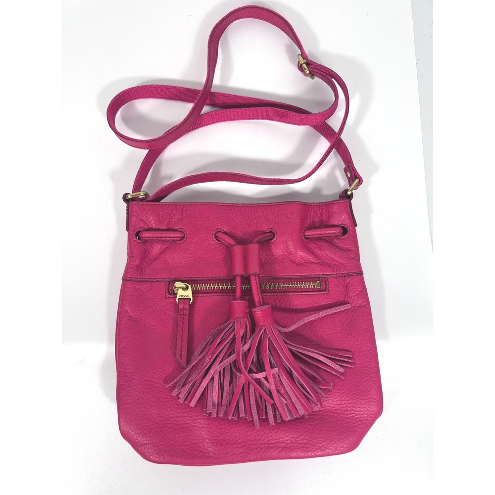 Fossil Jules Mini Leather Tassel Drawstring Crossbody Bag Hot Pink Purse